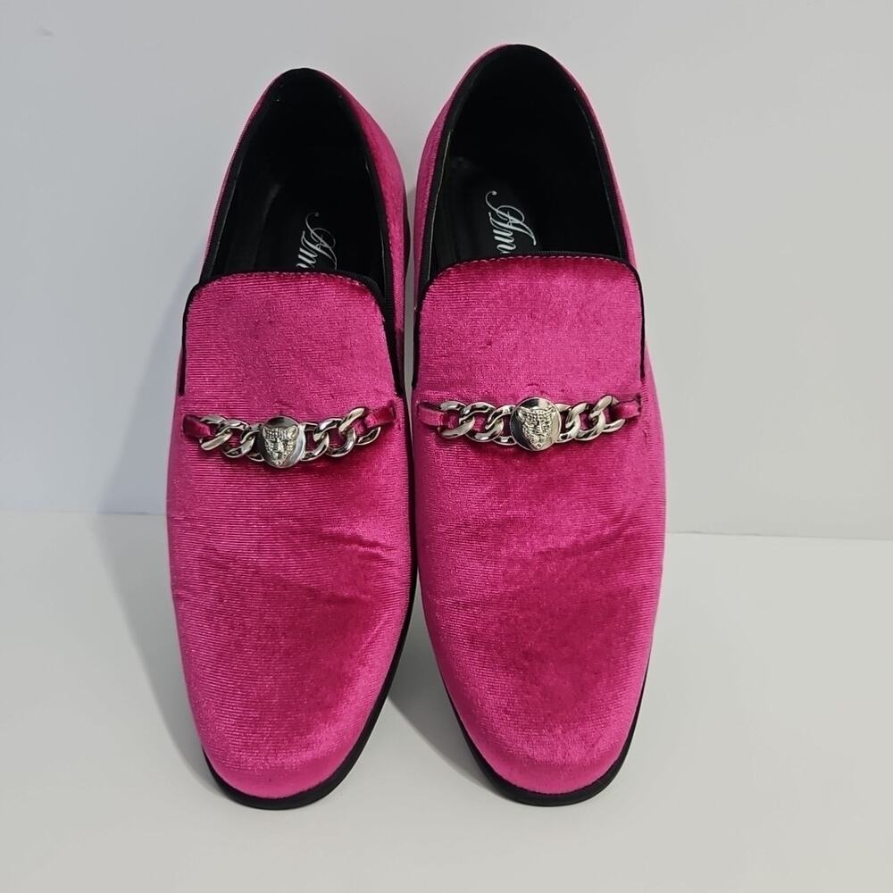 Amali LYNX Velvet Loafers Mens 9.5 Pink Chain Dress Shoes Slip On Statement